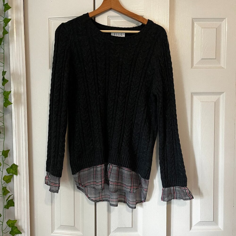 Grey Knit Sweater with Flannel Trim
